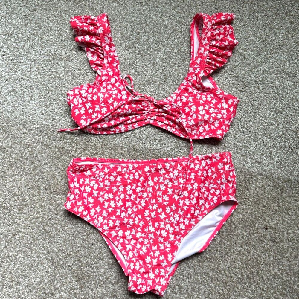 Pink Lily Floral Bikini Set High Waisted Ruffle Swimsuit
